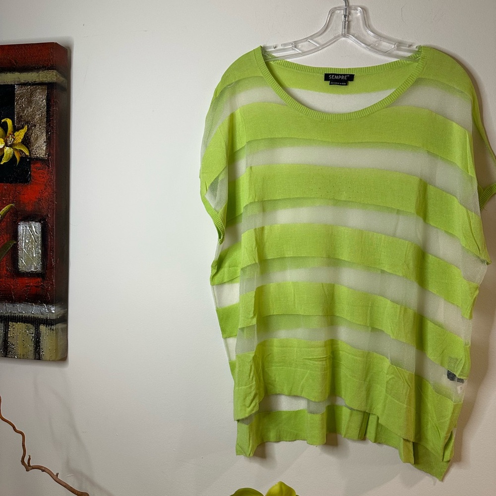 T79- Sempre Lime Green and see through Striped Tunic in oversized M